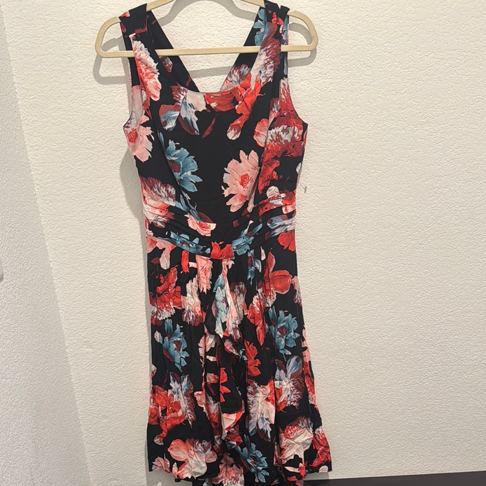 New York & Company Pink and Orange Ruched Tiered Midi Dress